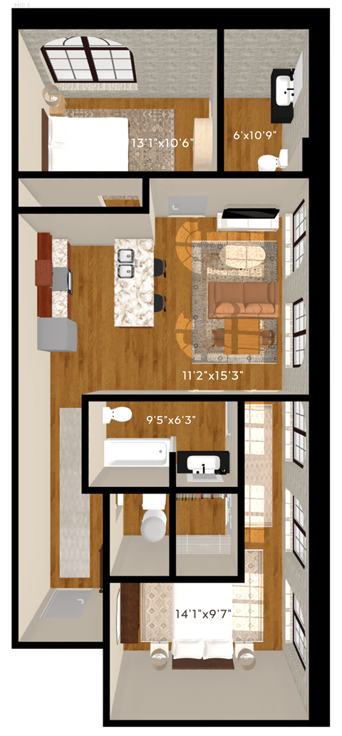 Floor plan for 2 beds, 2 baths, 1114 sqft